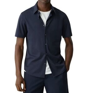 Theory Small Navy Irving Short-Sleeve Button Down Shirt in Structure Knit Men’s